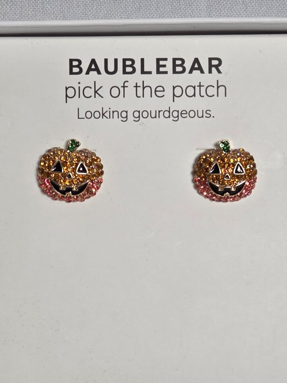 NWT BaubleBar Pick of the Patch Crystal Pumpkin Halloween Stud Earrings Box